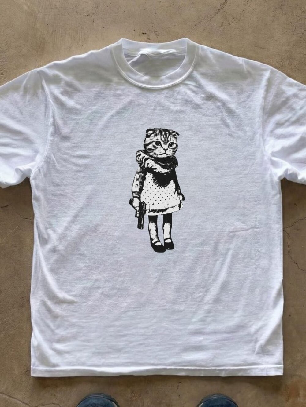 Cat in Dress Holding Gun Graphic T-Shirt